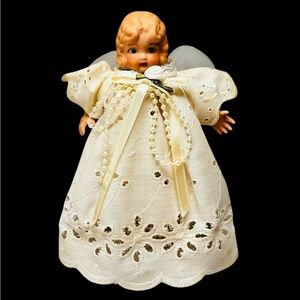 Vintage Handmade Porcelain Child Doll Angel Christmas Tree Topper Holiday 6”